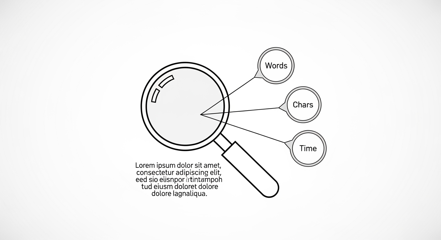 Graphic representation of a word counter tool analyzing text for words, characters, and reading time.
